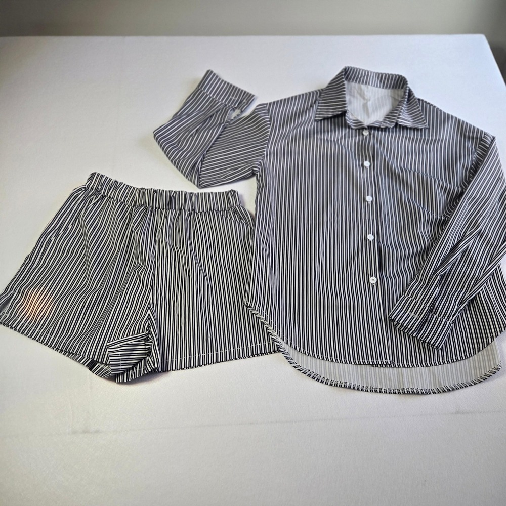 Unbranded 2 Piece Pajama Set Women Medium Black White Excellent Striped Shorts
